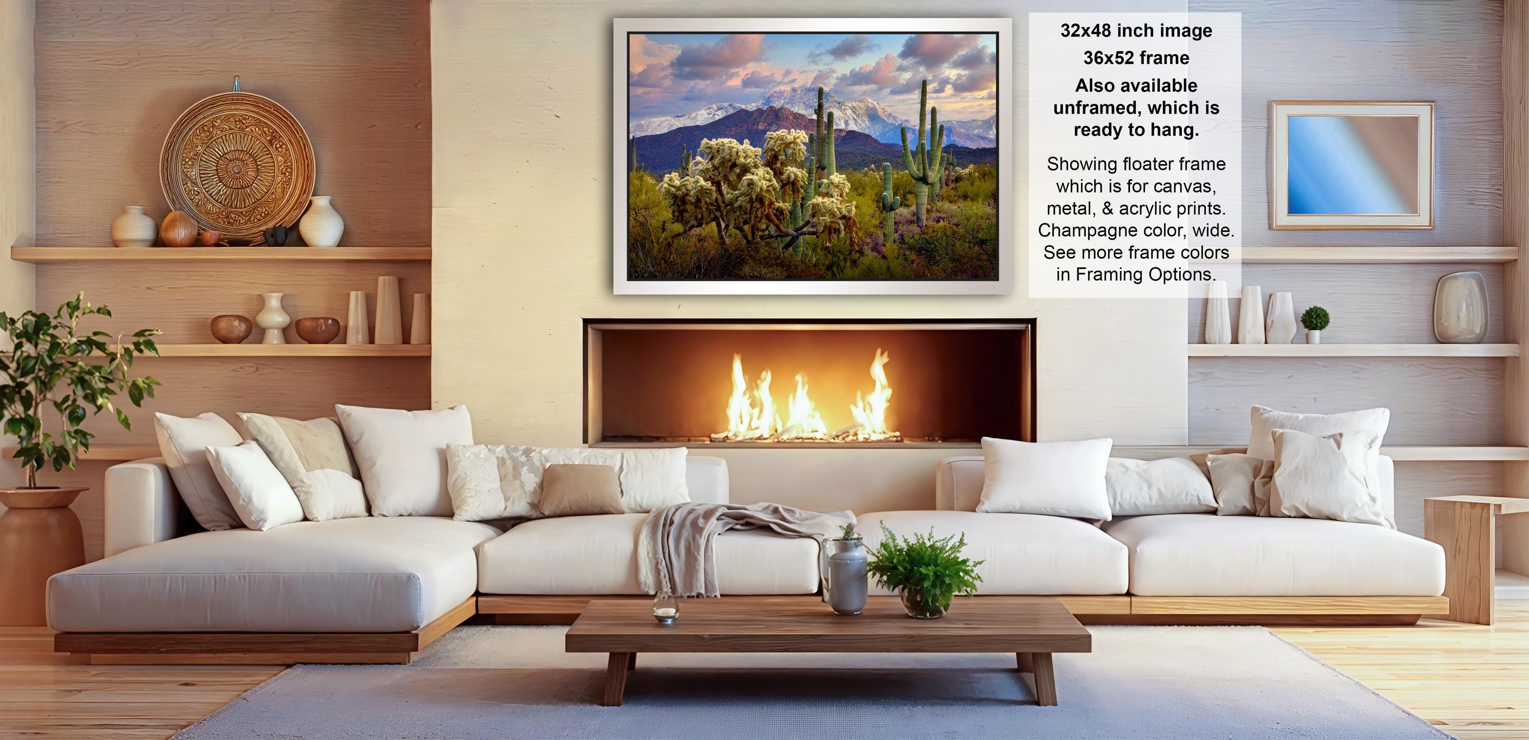 a cozy living room with a fireplace, white sofas, and various decorative elements such as vases and potted plants.