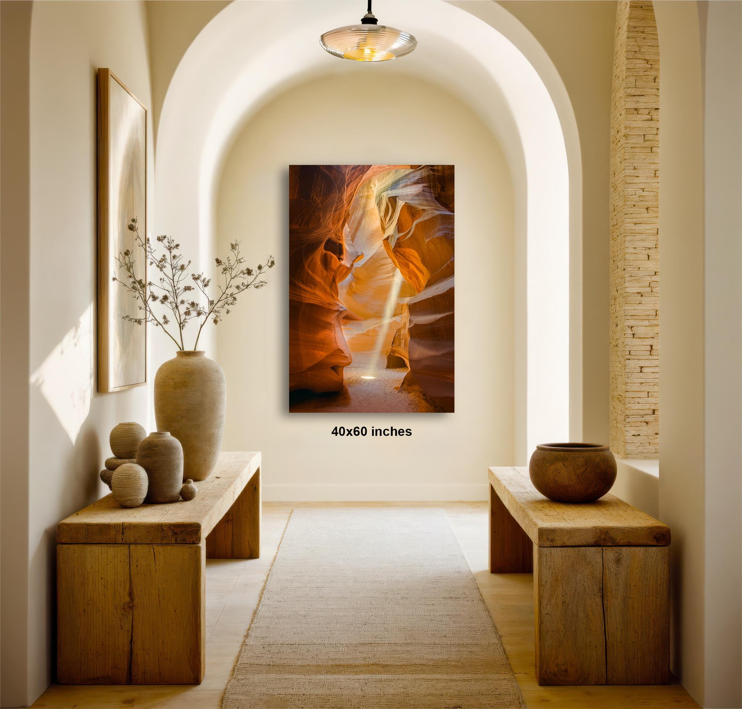 a hallway with a large painting hanging on the wall, a wooden bench on the left side, and a wooden bench on the right side. The painting is framed in a square format and measures 4060 inches in size.