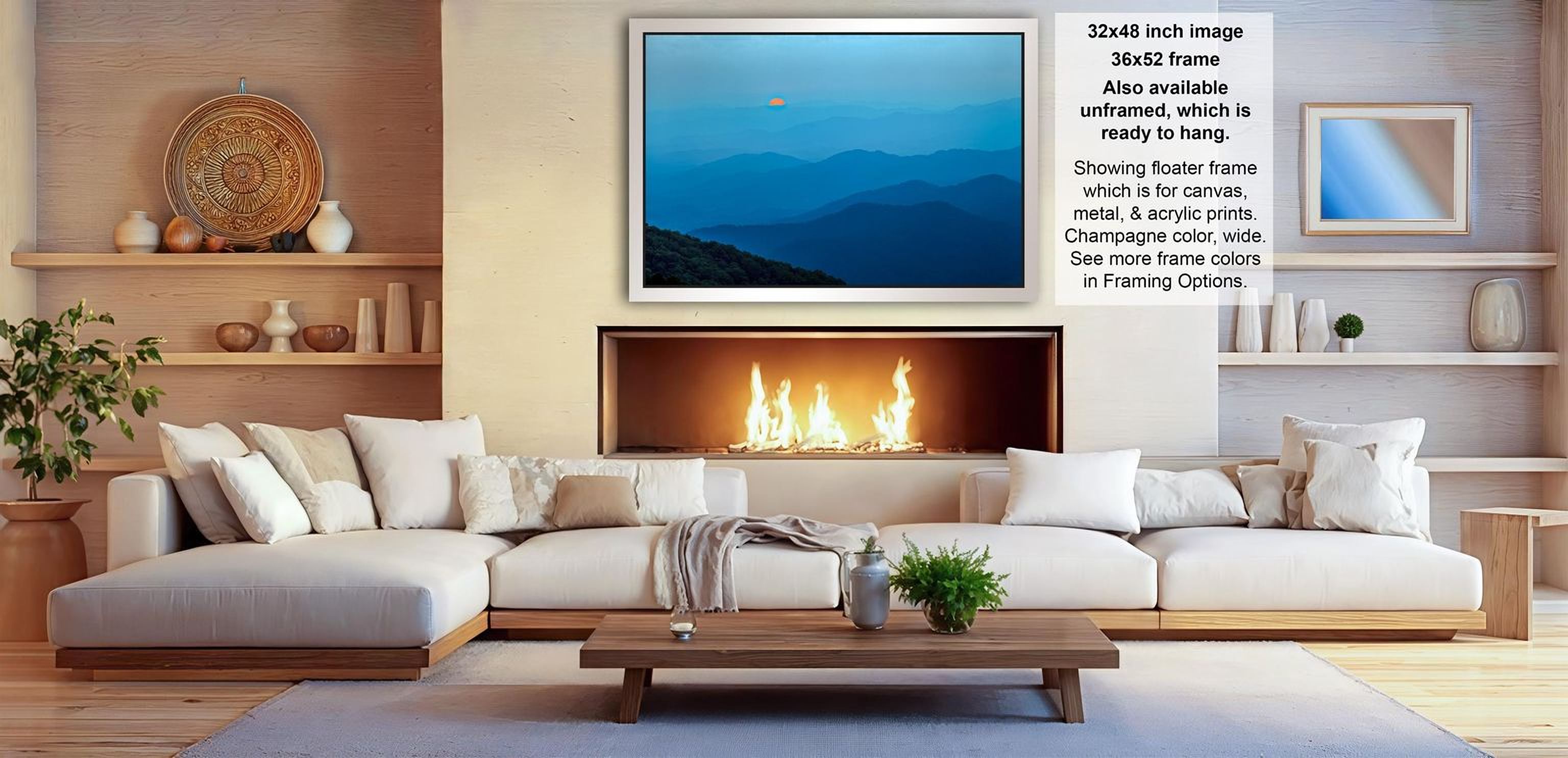 a cozy living room with a fireplace, white sofas, and a coffee table. The room has a warm and inviting atmosphere, with a fireplace providing a focal point and a large framed picture hanging on the wall.