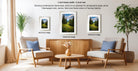a living room with two chairs, a coffee table, and three framed landscape paintings hanging on the wall. The paintings are of varying sizes, with the largest one being 16x12 inches and the smallest one being 8x12 inches. The chairs are white with blue pillows, and the coffee table is made of wood. The overall setting appears to be a cozy and inviting space.