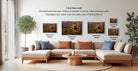 a living room with a large sectional sofa, a coffee table, and a potted plant. There are four framed landscape photographs displayed on the wall, each with a different frame size ranging from 16.26 to 20.30 inches. The photographs depict various scenic landscapes, including mountains, forests, and rivers. The arrangement of the photographs and the overall layout of the living room create a cozy and inviting atmosphere.