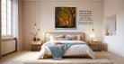 a serene bedroom scene with a large bed, wooden furniture, and a framed picture of a forest path.