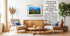 a living room with a framed photograph of a field of red flowers hanging on the wall. The room has two armchairs and a coffee table, and there are potted plants and a vase in the space. The photograph is framed in a 2x3 grid, and the frame size is 28.38 inches wide. The frame style is described as "our standard for photographic paper prints, champagne color, wide, see more frame colors in Framing Options."