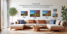 a living room with a large sectional sofa and a coffee table. There are four framed landscape photographs displayed on the wall, each with a different frame size ranging from 16.24 to 20.36 inches. The photographs depict various scenic outdoor settings, such as a winding road and a forested area. The arrangement of the photographs and the overall layout of the living room create a cozy and inviting atmosphere.