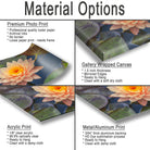The image is a collage of three different types of print materials, including a premium photo print, a gallery wrapped canvas, and an acrylic print.