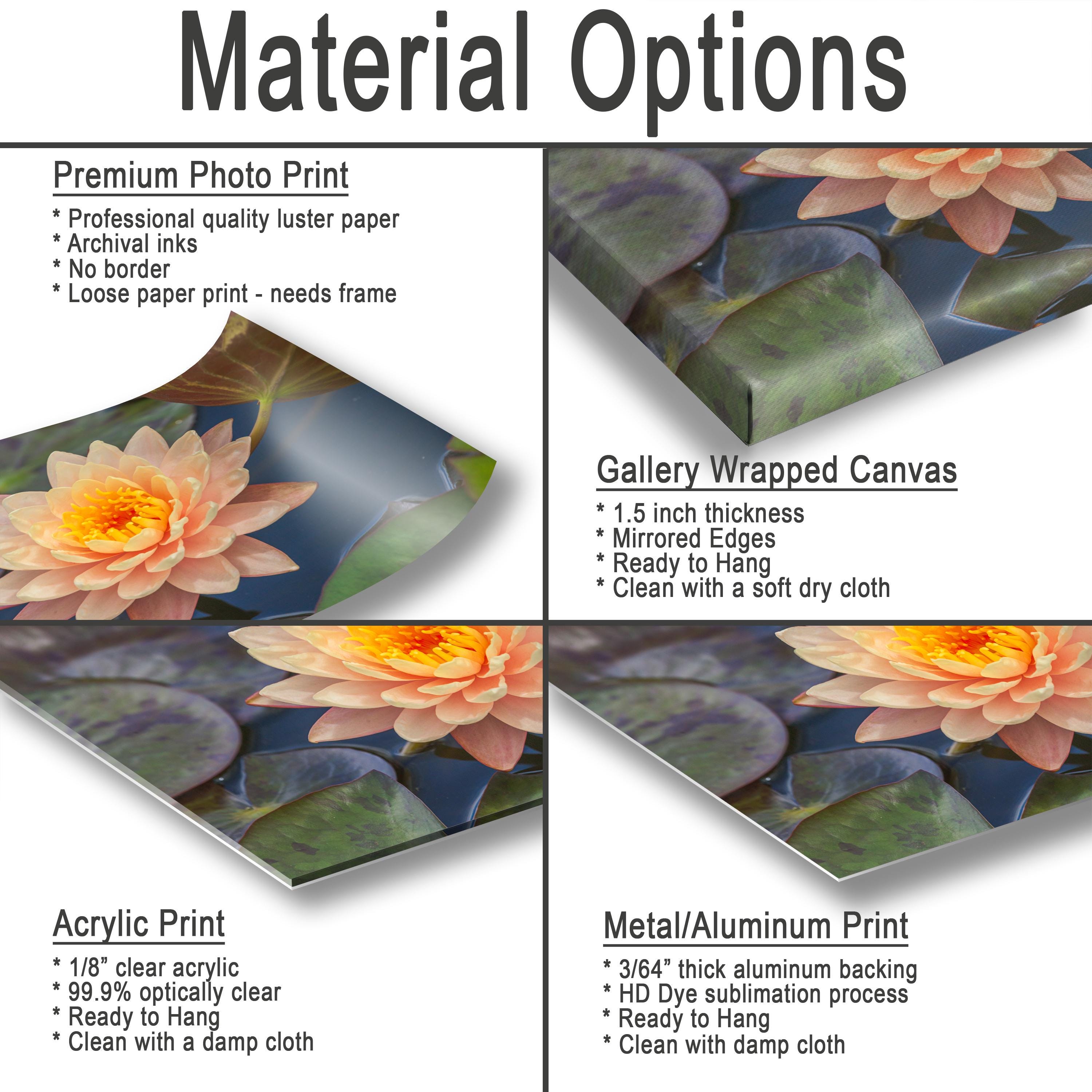 The image is a collage of three different types of print materials, including a premium photo print, a gallery wrapped canvas, and an acrylic print.