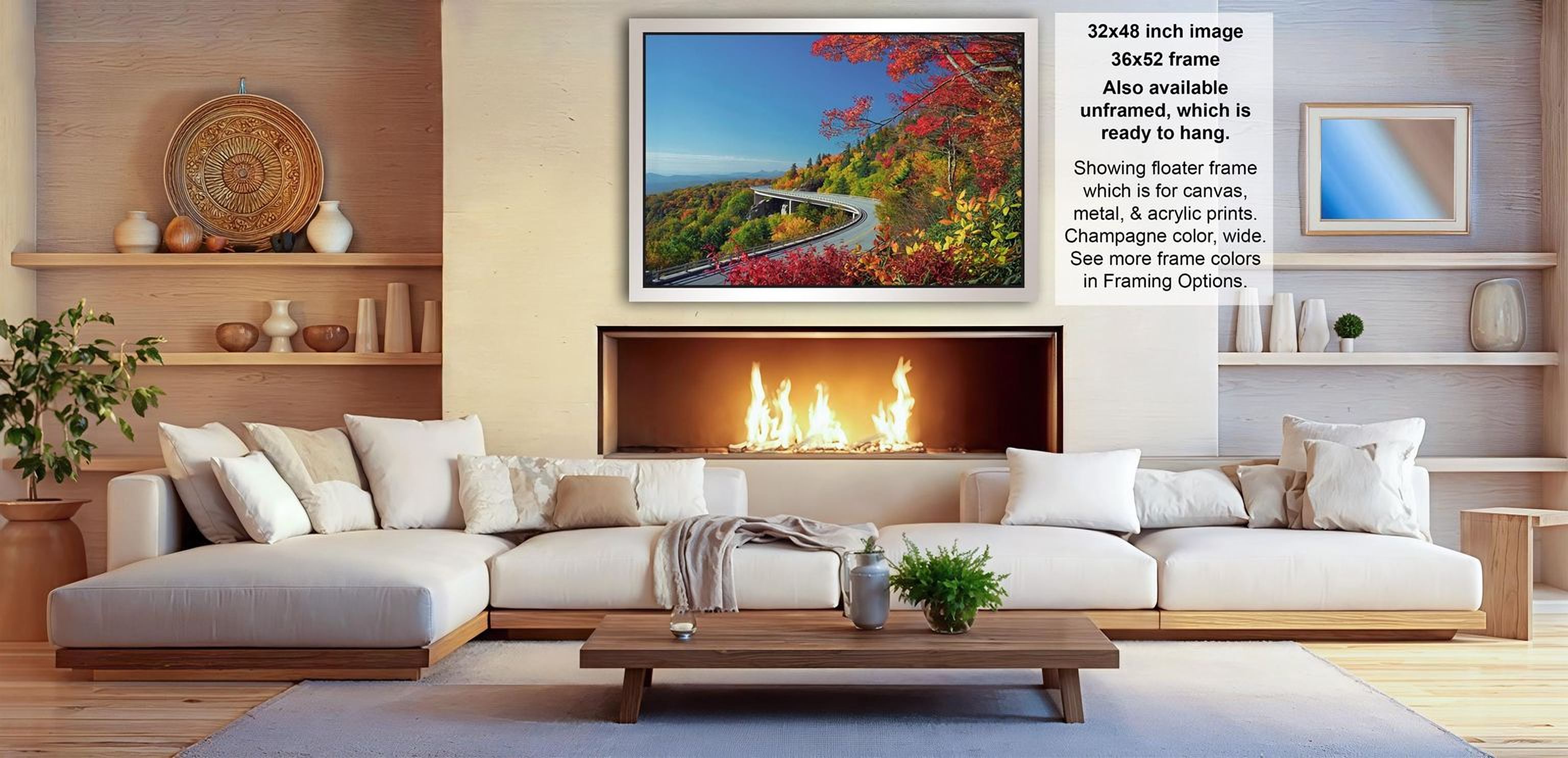 a cozy living room with a fireplace, white sofas, and a coffee table. The room has a warm and inviting atmosphere, with a fireplace providing a focal point and a painting hanging on the wall.