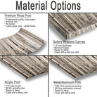 The image is a collage of four different material options, including a premium photo print, a gallery wrapped canvas, an acrylic print, and a metal/aluminum print. Each option has its own unique characteristics, such as professional quality luster paper, archival inks, no border, loose paper print, mirrored edges, and a soft dry cloth for cleaning.