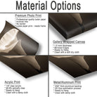 The image is a collage of four different types of printed materials, including a premium photo print, a gallery wrapped canvas, an acrylic print, and a metal/alum print.