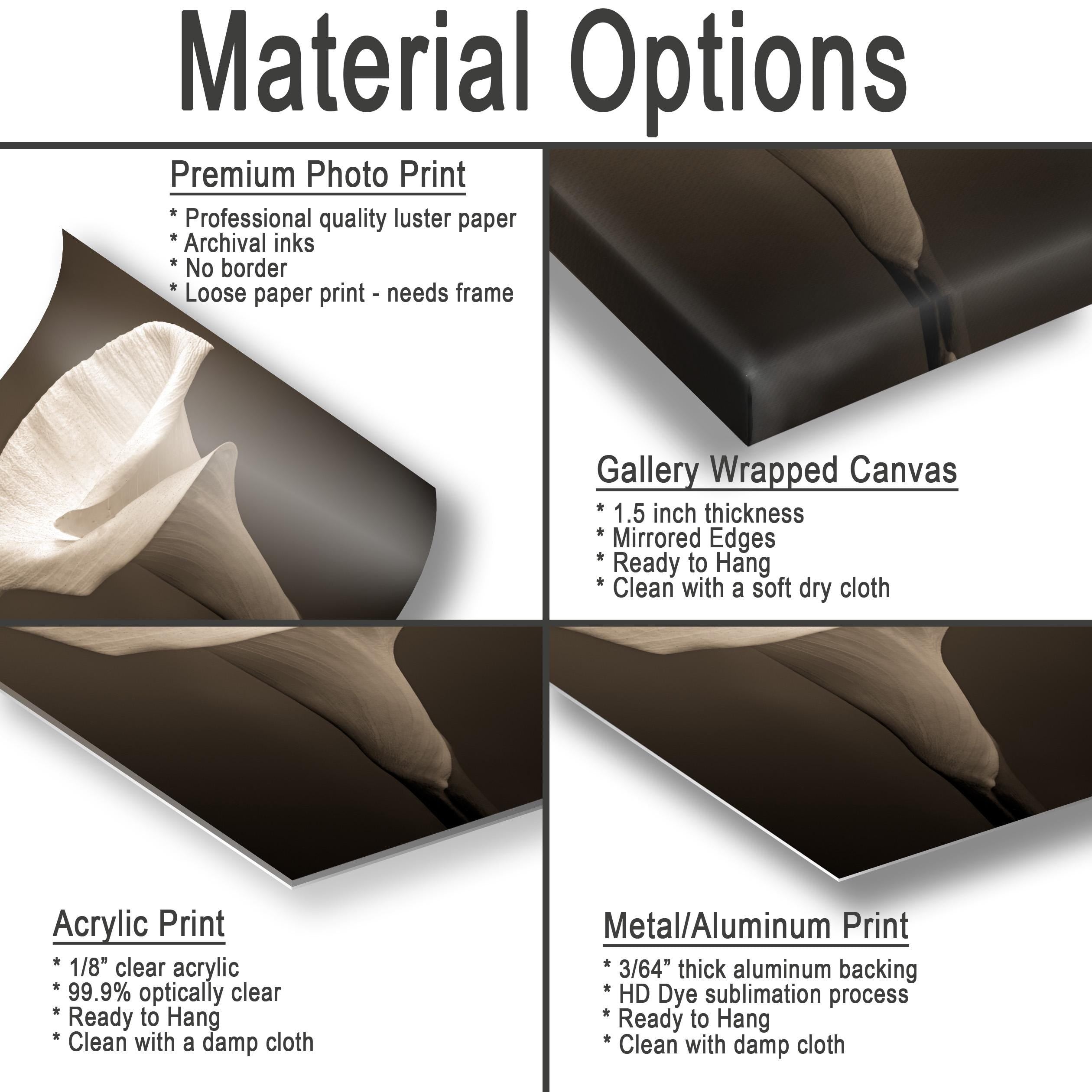 The image is a collage of four different types of printed materials, including a premium photo print, a gallery wrapped canvas, an acrylic print, and a metal/alum print.