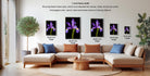 a living room with a large sectional sofa, a coffee table, and a potted plant. There are four framed pictures of purple irises displayed on the wall, each with a different frame size ranging from 16.24 to 12.18 inches. The frames are arranged in a row, with the largest frame on the left and the smallest on the right.
