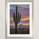 A framed photograph of a tall cactus plant against a vibrant sunset sky with mountains in the background.