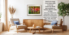 a living room with a framed photograph of a field of flowers hanging on the wall. The room has two armchairs, a coffee table, and a potted plant. The photograph is framed in a modern style, and the frame size is 28.38 inches wide. The frame is available in both 2-inch and 2-inch mat sizes, and it is ready to hang. The photograph is showing contemporary frame style, which is our standard for photographic paper prints. Champagne color, see more frame colors in Framing Options.
