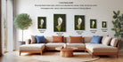 a living room with a large sectional sofa, a coffee table, and a potted plant. There are four framed prints of a white lily flower displayed on the wall, each with a different frame size ranging from 16.24 to 12.18 inches.