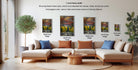 a living room with a large sectional sofa, a coffee table, and a potted plant. There are four framed landscape paintings displayed on the wall, each with a different frame size ranging from 16.24 to 12.18 inches in height. The paintings feature a variety of colors and styles, creating a visually appealing and harmonious display.