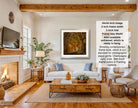 The image is a living room with a fireplace, a white sofa, a wooden coffee table, and a framed artwork hanging on the wall. The artwork depicts a tunnel with a light at the end. The room has a warm and cozy atmosphere, with a fireplace and various decorative elements such as potted plants and vases.