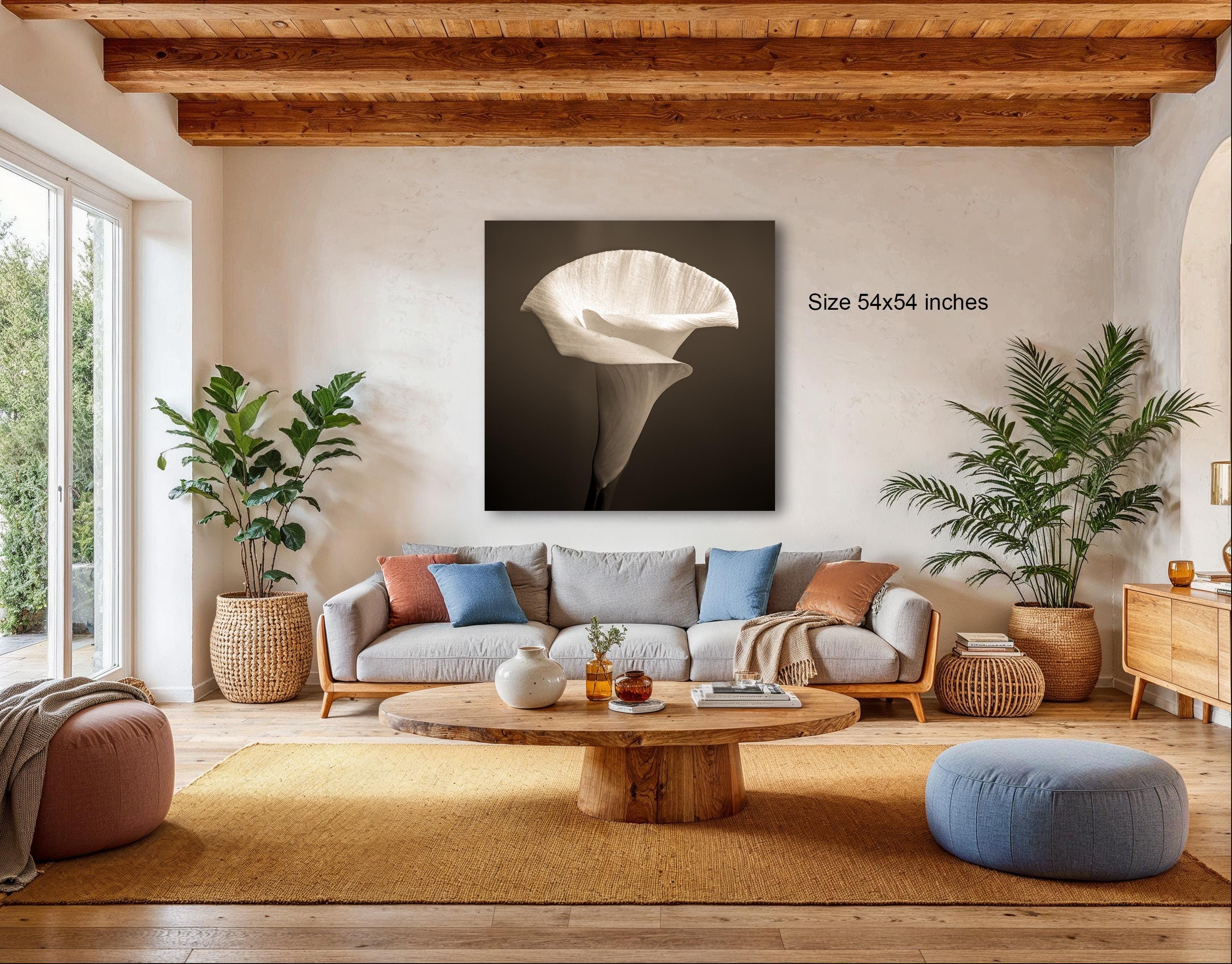 a cozy living room with a large, white flower in the center, surrounded by potted plants and a wooden coffee table.