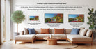 a living room with a large, L-shaped sectional sofa and a coffee table. There are three framed prints displayed on the wall, each with a different frame style and size. The text provides information about the framed prints, including their sizes and frame styles.