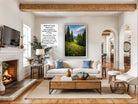 a cozy living room with a fireplace, a large window, a comfortable sofa, a coffee table, and a television.