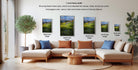 a living room with a large sectional sofa and a coffee table. There are four framed landscape paintings displayed on the wall, each with a different frame size ranging from 16.24 to 12.18 inches. The paintings depict various scenes, including a field of flowers and a mountainous landscape. The room also features a potted plant and a vase, adding to the overall decor.