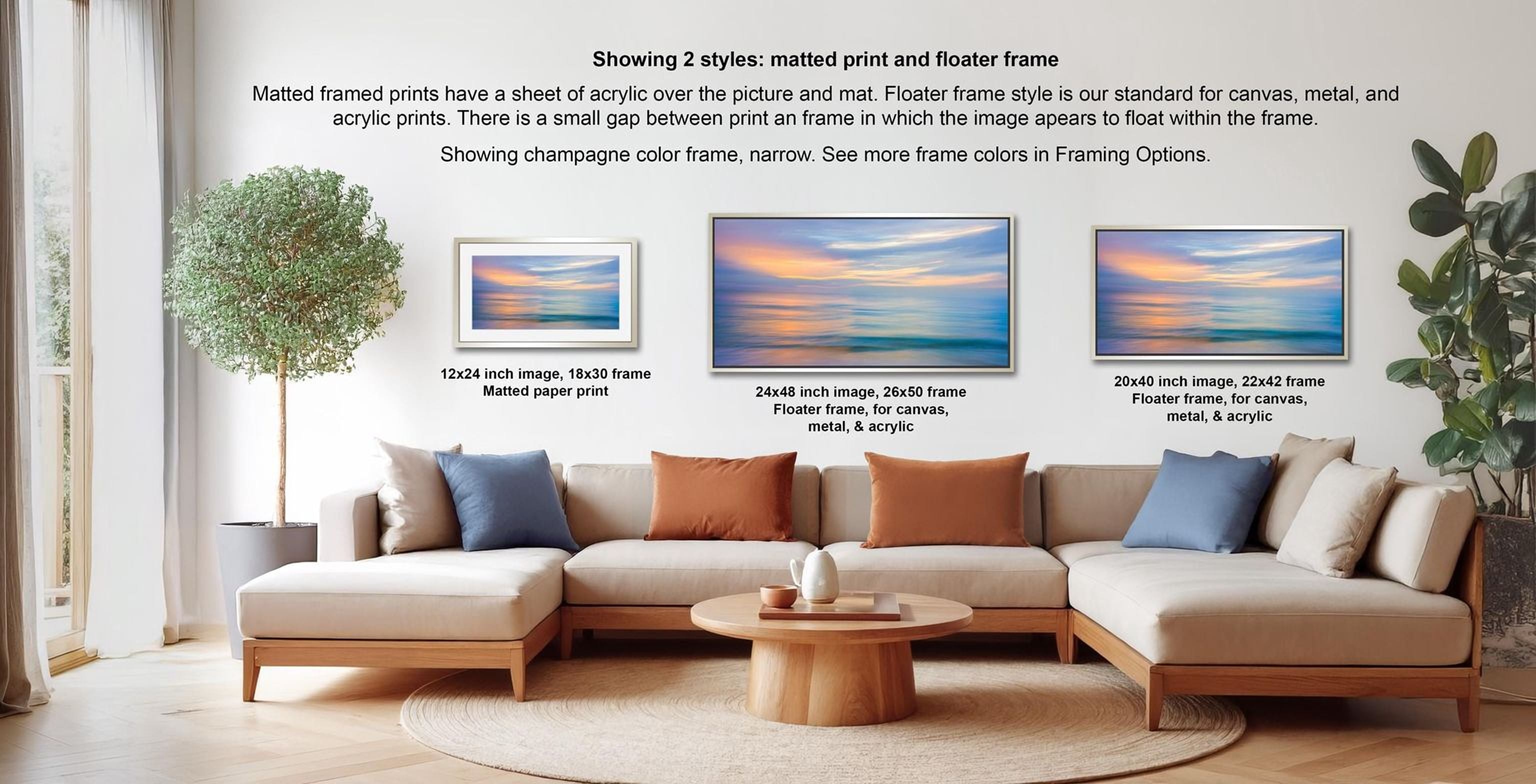 a living room with a large sofa and a coffee table, along with three framed prints displayed on the wall. The framed prints have different frame styles, including a matted print and a floater frame.