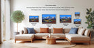 The image is a living room with a large sectional sofa and a coffee table. There are four framed landscape paintings displayed on the wall, each with a different frame size ranging from 16.26 to 12.18 inches. The paintings showcase various frame styles and sizes, creating a visually appealing and diverse display.
