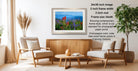 a living room with a wooden coffee table, two white chairs, and a framed photograph of a field of red flowers. The photograph is framed in a 2x3 grid and is hanging on a white wall. The image also includes text providing information about the frame size, color, and framing options.