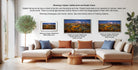 three framed prints of a mountainous landscape, each with a different frame style and size, displayed in a living room setting with a sofa and a coffee table.