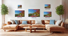 The image is a modern living room with a large sectional sofa, a coffee table, and several potted plants. There are three framed landscape photographs displayed on the wall, each with a different size and resolution, ranging from 20x30 inches to 16x24 inches.