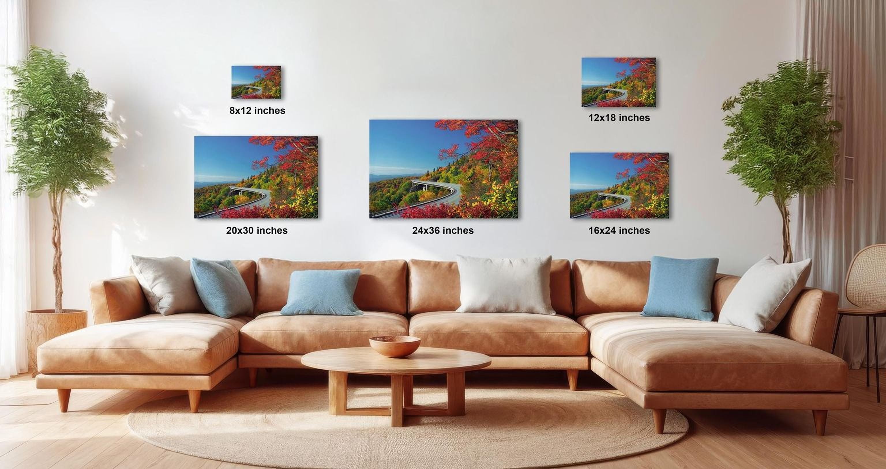 The image is a modern living room with a large sectional sofa, a coffee table, and several potted plants. There are three framed landscape photographs displayed on the wall, each with a different size and resolution, ranging from 20x30 inches to 16x24 inches.