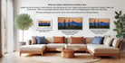 a living room with a large sectional sofa, a coffee table, and a potted plant. There are three framed prints displayed on the wall, each with a different frame style and size. The text provides information about the framed prints, including their sizes and frame styles.