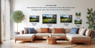 a living room with a large sectional sofa, a coffee table, and a potted plant. There are three framed landscape photographs displayed on the wall, each with a different frame size ranging from 16.26 to 20.30 inches. The text on the wall indicates that the frame width is 1 inch, and the photographs are showing the standard frame style for canvas, metal, and acrylic prints.