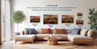 The image is a living room with a large sectional sofa and a coffee table. There are four framed landscape paintings displayed on the wall, each with a different frame size ranging from 16.26 to 20.26 inches in width. The paintings depict desert scenes, and the frame sizes vary from 12.18 to 20.26 inches in width.