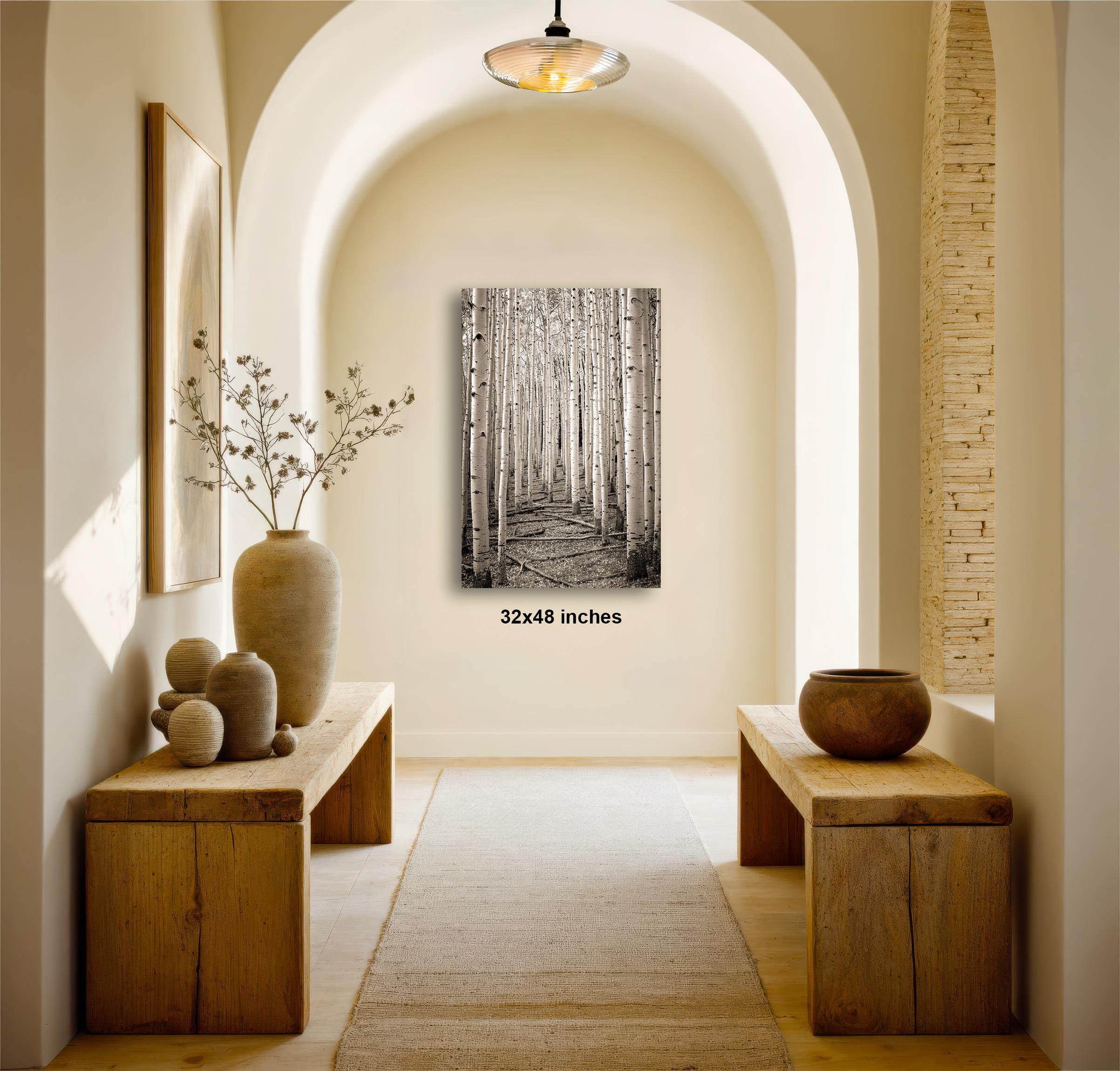 a hallway with a wooden floor, arched doorways, and a large painting of a forest scene hanging on the wall. There are two wooden benches on either side of the hallway, and a vase with flowers is placed on one of the benches. The hallway has a warm, inviting atmosphere with natural elements and a sense of tranquility.