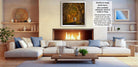 a cozy living room with a fireplace, white sofas, and various decorative elements such as vases and a potted plant.