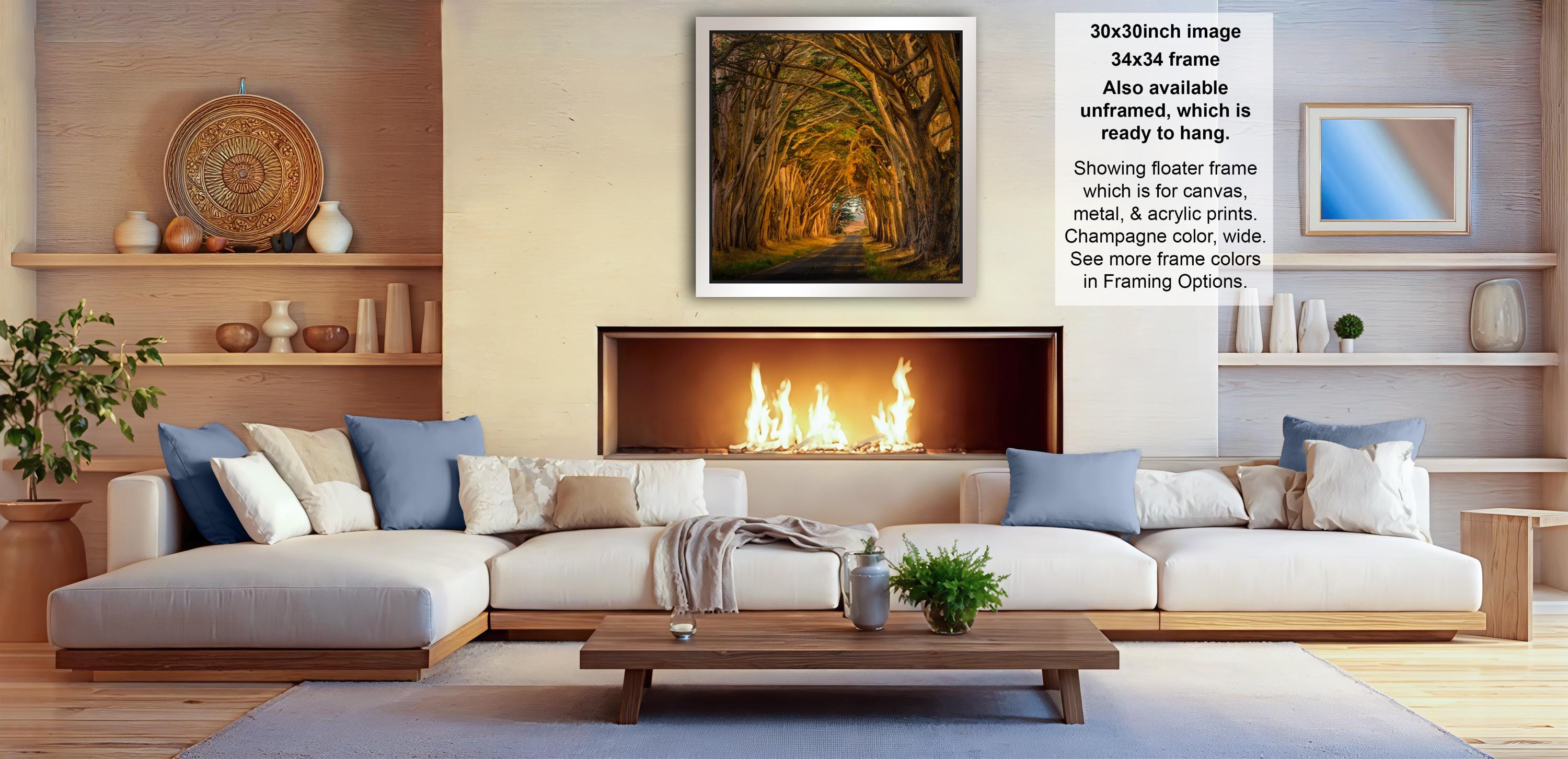 a cozy living room with a fireplace, white sofas, and various decorative elements such as vases and a potted plant.