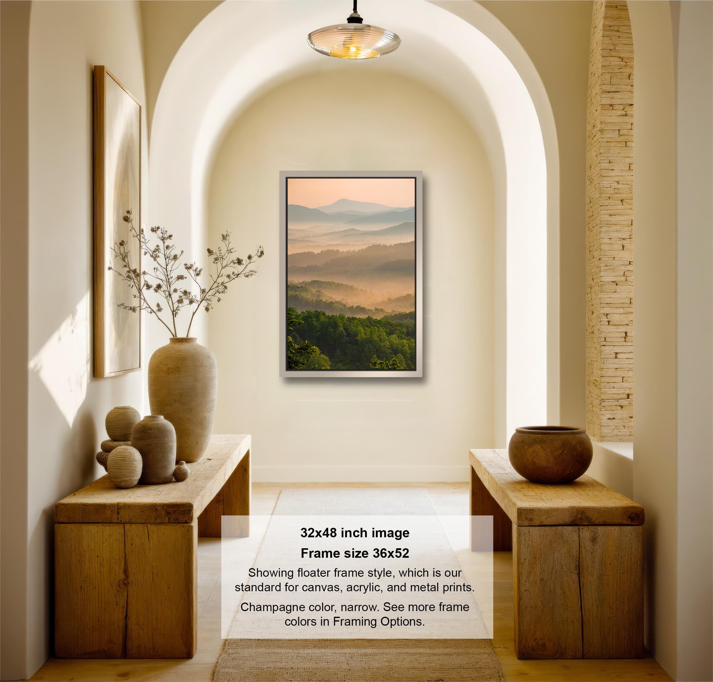 The image is a 32x48-inch framed artwork hanging on a wall in a room with wooden furniture and decorative elements such as a vase and a bowl.