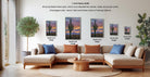 a living room with a large sectional sofa, a coffee table, and a potted plant. There are four framed pictures of cacti displayed on the wall, each with a different frame size ranging from 16.24 to 12.18 inches. The frames are arranged in a row, with the largest frame on the left and the smallest on the right.