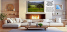 a cozy living room with a fireplace, white sofas, and a coffee table. The room has a warm and inviting atmosphere, with a fireplace providing a focal point and a painting hanging on the wall.