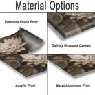 The image is a collage of four different print options for a floral image, including a premium photo print, a gallery wrapped canvas, an acrylic print, and a metal/aluminum print.