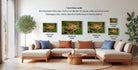 a living room with a large sectional sofa, a coffee table, and a potted plant. There are four framed photographs of mushrooms displayed on the wall, each with a different frame size ranging from 16" to 20" inches. The text on the wall indicates that the frame width is 1 inch, and the photographs are showing floating frame style, which is suitable for canvas, metal, and acrylic prints.