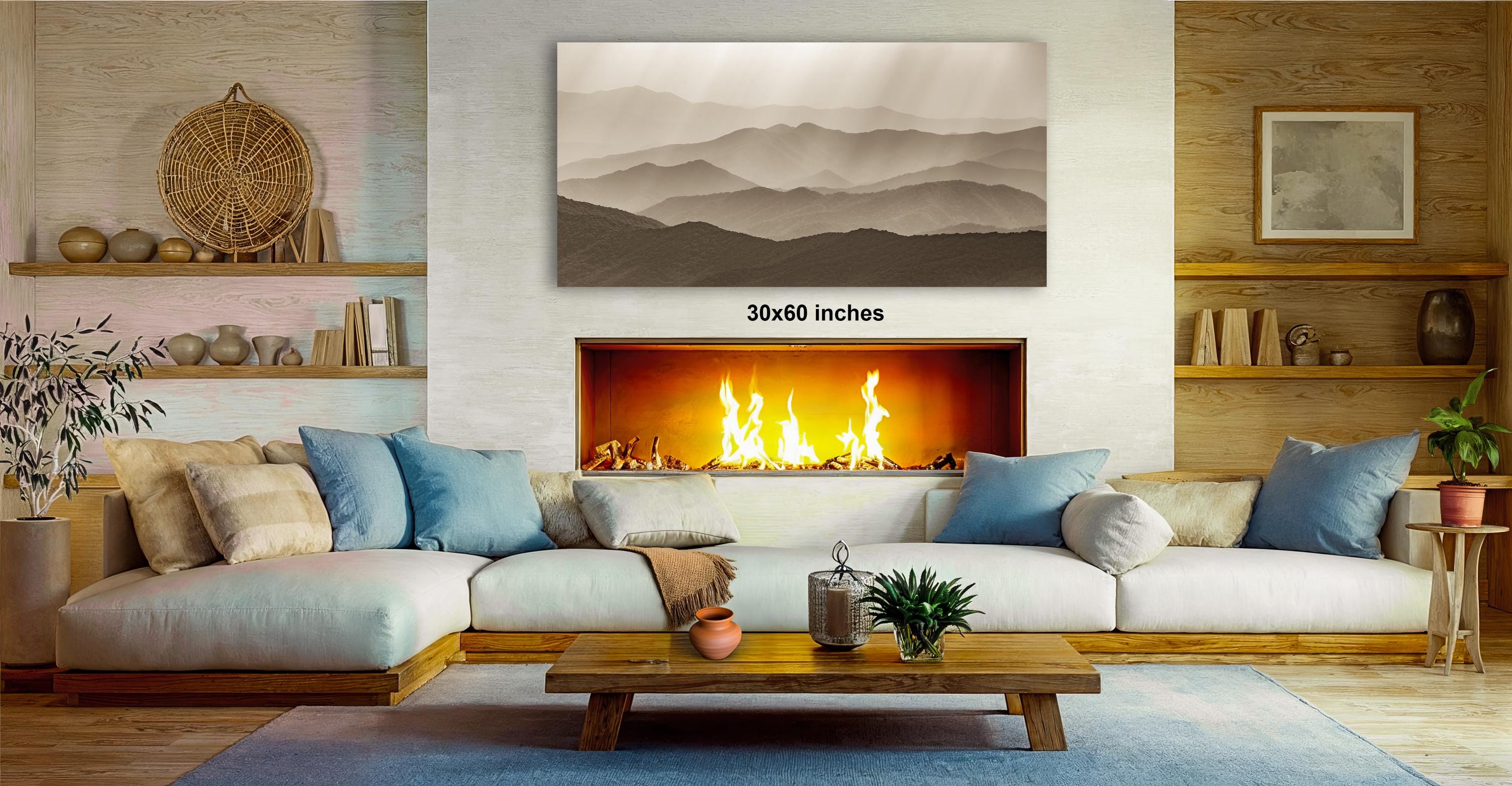 a cozy living room with a fireplace, a wooden coffee table, and comfortable seating arrangements.