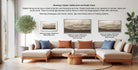 a living room with a large sectional sofa, a coffee table, and a potted plant. There are three framed prints displayed on the wall, each with a different frame style and size. The text provides information about the framed prints, including their sizes and frame styles.