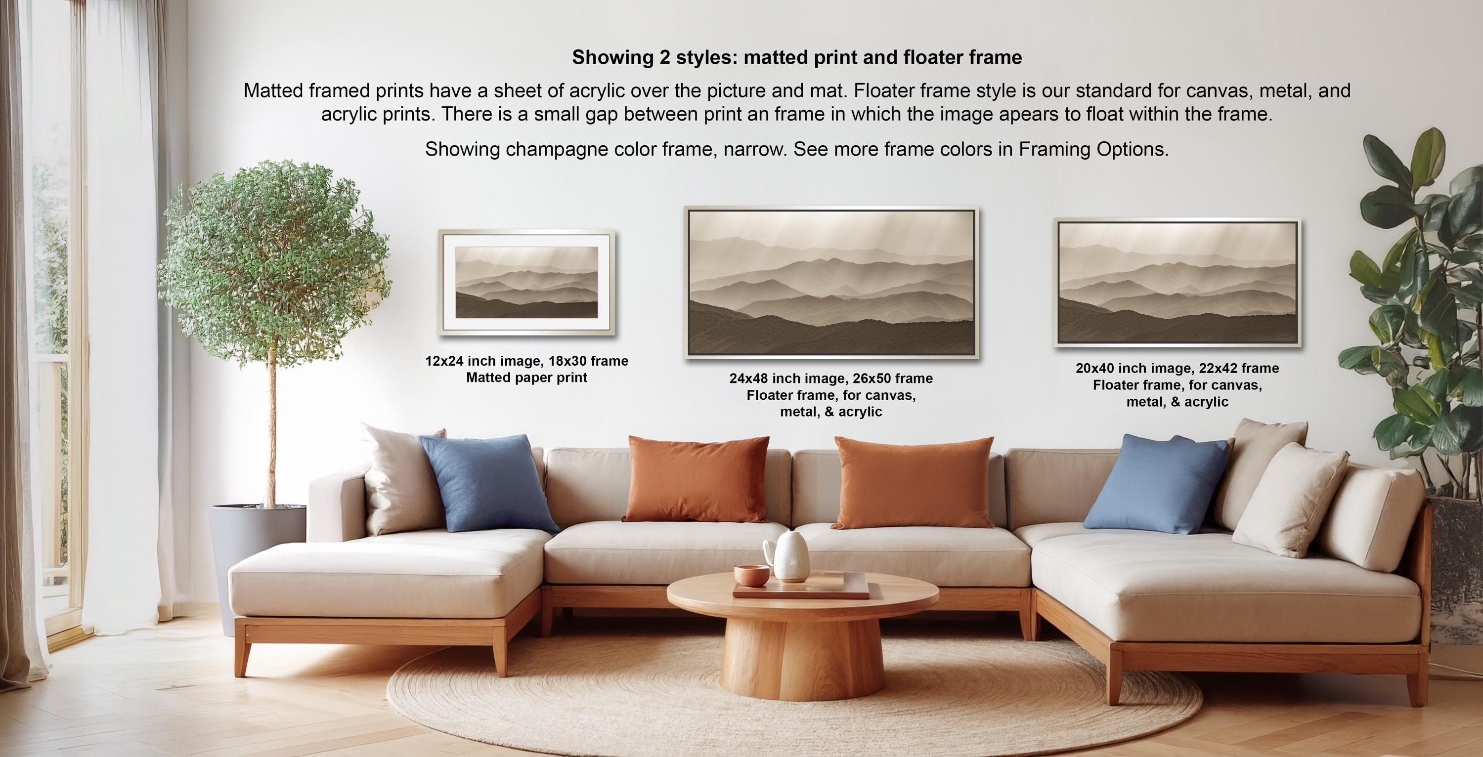 a living room with a large sectional sofa, a coffee table, and a potted plant. There are three framed prints displayed on the wall, each with a different frame style and size. The text provides information about the framed prints, including their sizes and frame styles.