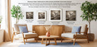 a living room with two armchairs and a coffee table, along with a wooden cabinet and a vase of flowers. There are three framed pictures displayed on the wall, each with a different frame size and style. The text provides information about the framed pictures, including their sizes and the type of frame they are displayed in.