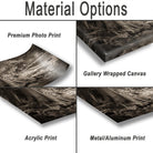 The image is a collage of four different print options for a photograph, including a premium photo print, a gallery wrapped canvas, an acrylic print, and a metal/aluminum print.