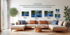 The image is a living room with a large sectional sofa and a coffee table. There are three framed landscape photographs displayed on the wall, each with a different frame size ranging from 16.26 to 20.30 inches. The photographs showcase various scenic views, including a river, a forest, and a mountain range. The arrangement of the photographs and the overall layout of the living room create a cozy and inviting atmosphere.