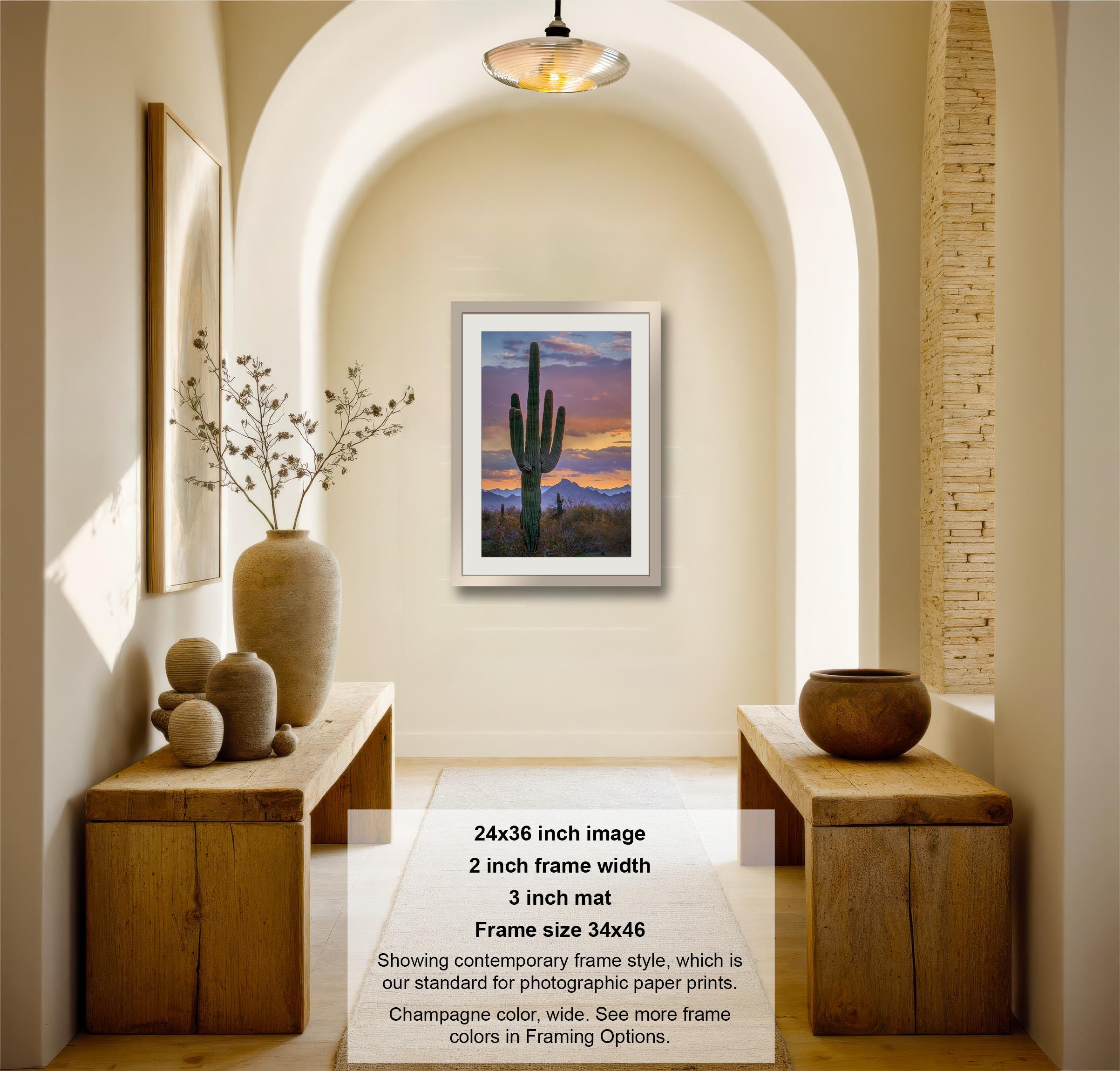 a framed photograph of a cactus against a sunset sky, placed on a wooden table in a hallway.