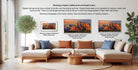 a living room with a large sectional sofa and a coffee table. There are three framed prints displayed on the wall, each with a different frame style and size. The text provides information about the framed prints, including their sizes and frame styles.