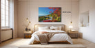 a serene bedroom with a large bed, wooden furniture, and a painting of a scenic mountain landscape hanging on the wall.